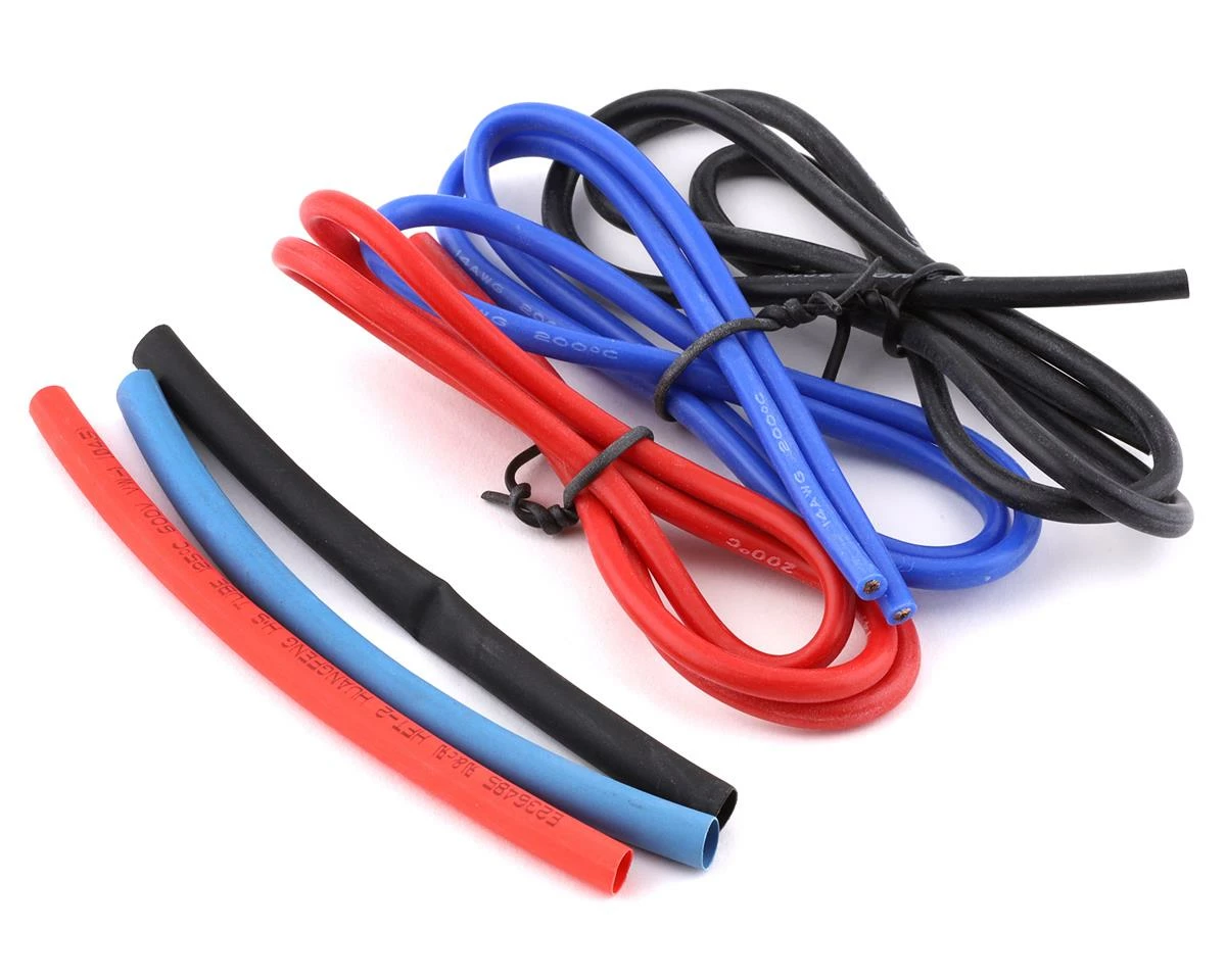 YEAH RACING Silicone Wire Set (Red, Black & Blue) (3) (1.9') (14AWG) W/Heat Shrink